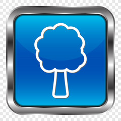 Tree simple icon vector. Flat design. Metal, blue square button. Transparent grid.ai