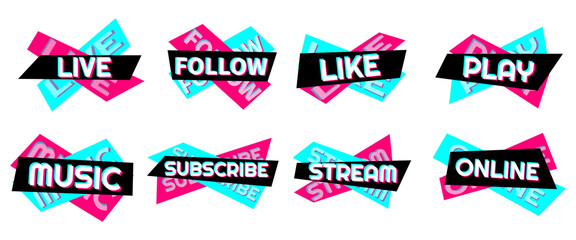 Fototapeta Set of stickers for a popular social network. Black - blue  - pink sticker on white background. Modern advertising social media design. obraz