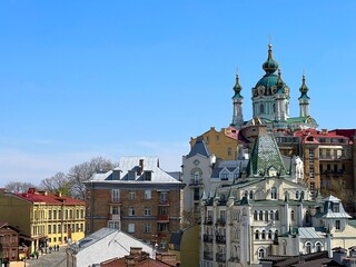 Kyiv city capital of Ukraine scenic view of the old town. St Andrew's church domes. Spectacular...