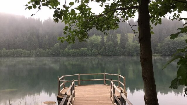 karagol black lake in artvin borcka turkey, timelapse fog on the green lake, dock, full of forest
