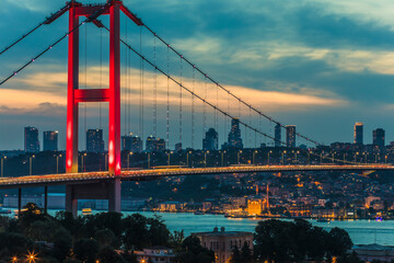 Naklejka premium 15 July Martyrs Bridge in the Night Lights, Uskudar Istanbul Turkey