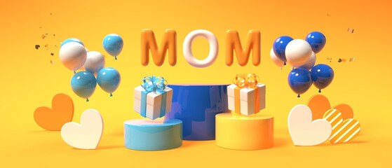 Mothers day theme with gift boxes and balloons - 3D render