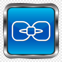 Bow simple icon. Flat design. Metal, blue square button. Transparent grid.ai