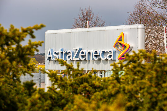 M?lndal, Sweden - May 02 2021: AstraZeneca sign outside their production facility in Gothenburg.