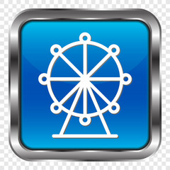 Ferris wheel simple icon. Flat design. Metal, blue square button. Transparent grid.ai