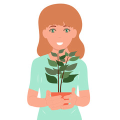 Portrait of a girl holding a potted flower in her hands. Ecology.