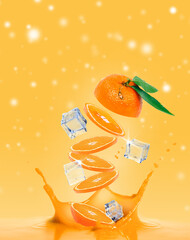 fresh orange fruits juice with splashes-levitation slices and ice cubes- orange background-copy...