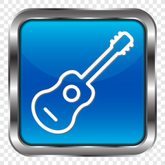 Guitar simple icon. Flat design. Metal, blue square button. Transparent grid.ai