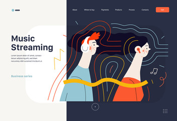 Technology Memphis - music streaming -modern flat vector concept digital illustration of young people wearing headphones listening the music, streaming application. Creative landing web template