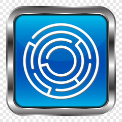 Maze simple icon. Flat design. Metal, blue square button. Transparent grid.ai