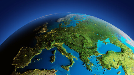 3d render of a relief map of Europe and Mediterranean sea on globe from space. 