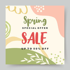 Spring sale banner. Trendy square background with plant shapes. vector illustration