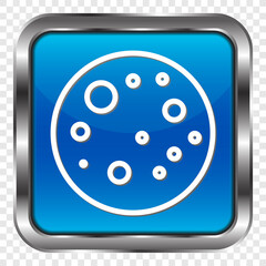 Moon simple icon. Flat design. Metal, blue square button. Transparent grid.ai