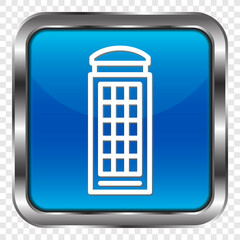 Phone booth simple icon. Flat design. Metal, blue square button. Transparent grid.ai