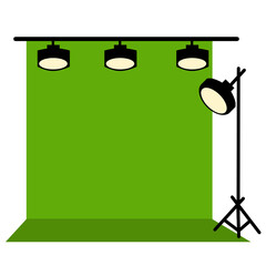 Green screen. Professional photo and video shooting movies. Lighting equipment. Cinema scene.
