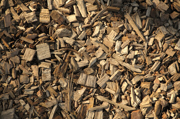 Pile of industrial wood pieces, close-up background