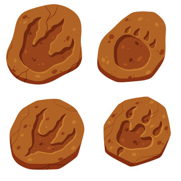 Footprints Of A Fossil Dinosaur. Set Of Dino Reptile Foot Trail. Paw In Brown Clay Or Stone.