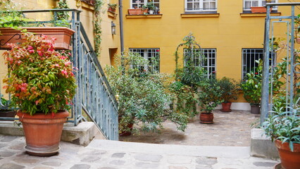 Une magnifique terrasse ou entrée d'un grand et ancien bâtiment parisien, avec beaucoup de fleurs en pot et très colorés, coin de détente et de tranquillité entre voisinage
