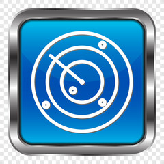 Sonar, radar simple icon. Flat design. Metal, blue square button. Transparent grid.ai