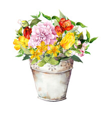 Meadow flowers, berries in vintage pail. Watercolor illustration