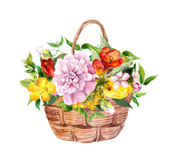 Beautiful flowers, floral bouquet in basket. Vintage illustration for print, card. Watercolor for anniversary, birthday, mother day