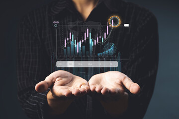 Business intelligence analyst dashboard on virtual screen. Big data Graphs Charts.