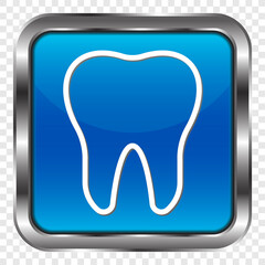 Tooth simple icon. Flat design. Metal, blue square button. Transparent grid.ai