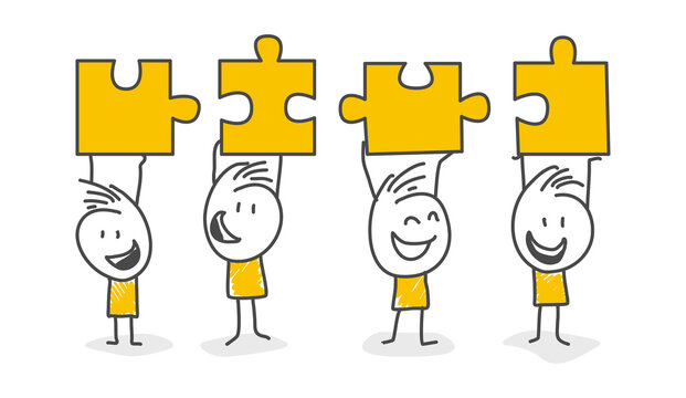 Stick figures. Signs, Business, Success. Smiling Stick Figure Stickman Are Connected Vector. Team metaphor. Business concept. Vector.