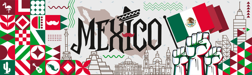 Mexico National day banner with retro abstract geometric shapes. Mexico flag and map. Red green Mexican colors scheme with raised hands or fists. Mexico city landmarks and skyline Vector Illustration.