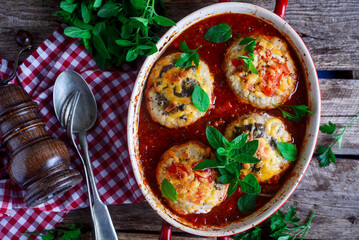 Minced meat nests with vegetables.rustic style.selective focus