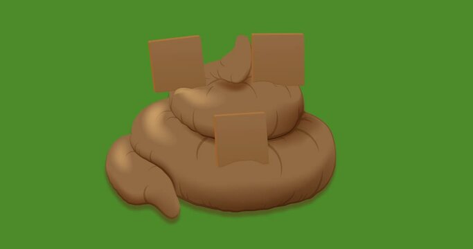 Pile of poo with animated "WTF" abbreviation in perspective on transparent and green background.  Looped animation with embedded alpha channel in 4k on transparent and green background