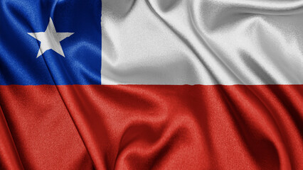 Close up realistic texture fabric textile silk satin flag of Chile waving fluttering background. National symbol of the country. 18th of September, Happy Day concept
