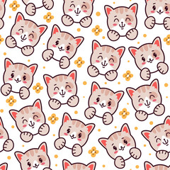 Kawaii cat head muzzle character seamless repeat pattern concept. Vector flat graphic design illustration