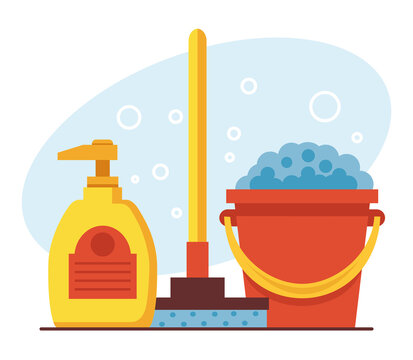 cleaning supplies: yellow soap, red bucket, mop clip art preview