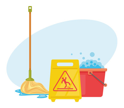cleaning supplies: mop, bucket, wet floor sign clip art preview