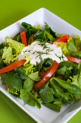 Green vegan summer lettuce with spinach, by tomatoes and sour cream.