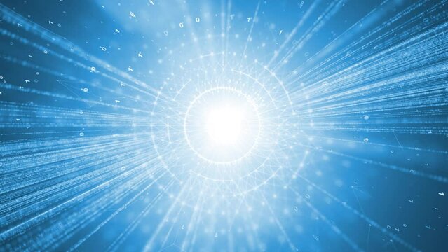 Abstract binary numbers network with circle rotation of zeros and ones. Conceptual bright blue computer technology animation background.	
