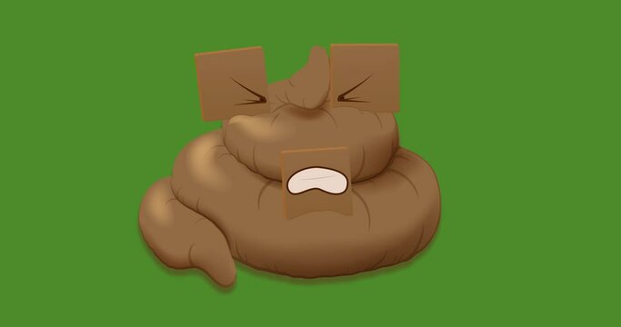 Pile of poo with an angry, cruel and evil fac. Emotion on the verge of exploding on a transparent and green background. Looped animation with a built-in alpha channel in 4k.