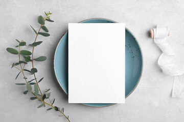 Wedding stationery invitation card mockup 5x7 on grey background with eucalyptus, Menu card mockup with table setting