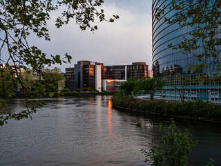 Council of Europe building at sunset in Strasbourg, spring evening