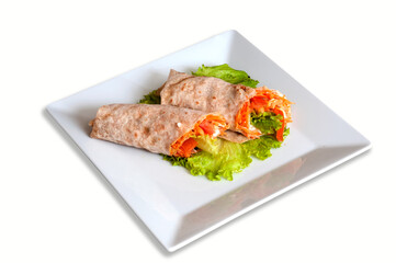 Vegetables with sour cream, wrapped in bread of pita on a white background