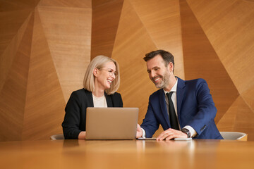 Smiling businesswoman and businessman meeting in conference room at modern office