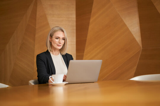 Mature businesswoman working on laptop at modern office