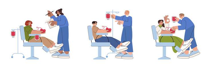 Fototapeta premium Flat volunteer characters sitting in medical hospital chairs donating blood. Lab nurses and donors people on transfusion procedure. Healthcare donation. World donor day or health charity concept.