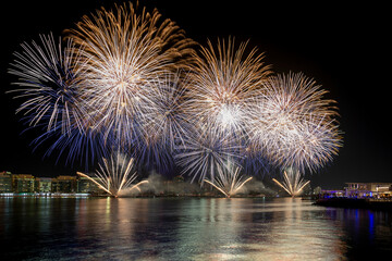 Fireworks above the lake in Yas Bay for celebrating 50th Golden Jubilee UAE National Day in Abu Dhabi