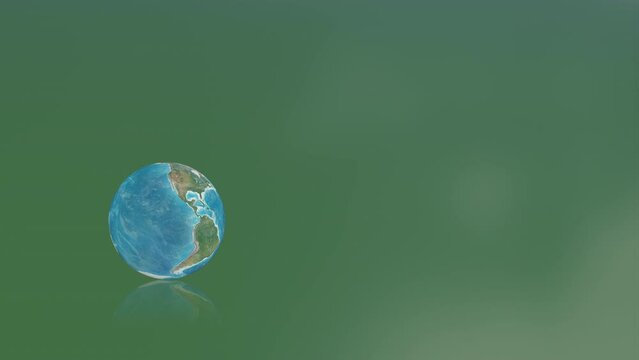 Rotating Realistic Earth Lower Left Corner On Green Reflective Background 3D Concept