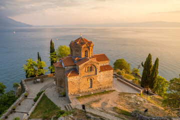 Church of St. John at Kaneo on the Lake Ohrid in Ohrid city, North Macedonia - obrazy, fototapety, plakaty