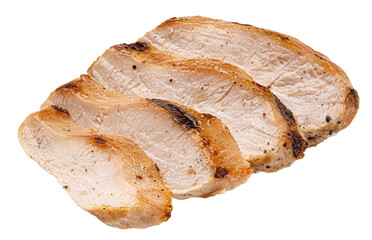 Grilled chicken breast slices isolated on white background