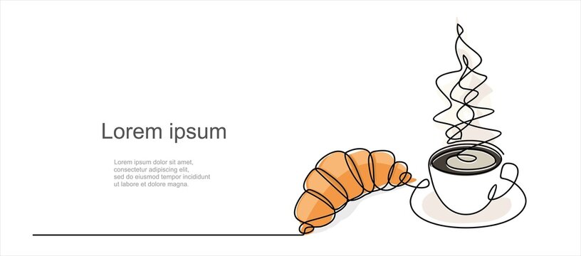 Croissant and coffee drawn in one line style. Breakfast theme with linear pastry and coffee for logo and posters, simple sketch design. Vector illustration isolated on white background