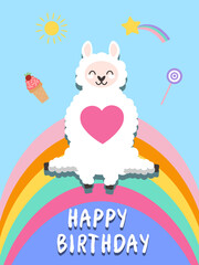 Funny illustration with alpaca unicorn and rainbow. Invitation or greeting card. Happy birthday greeting card. Editable vector illustration EPS